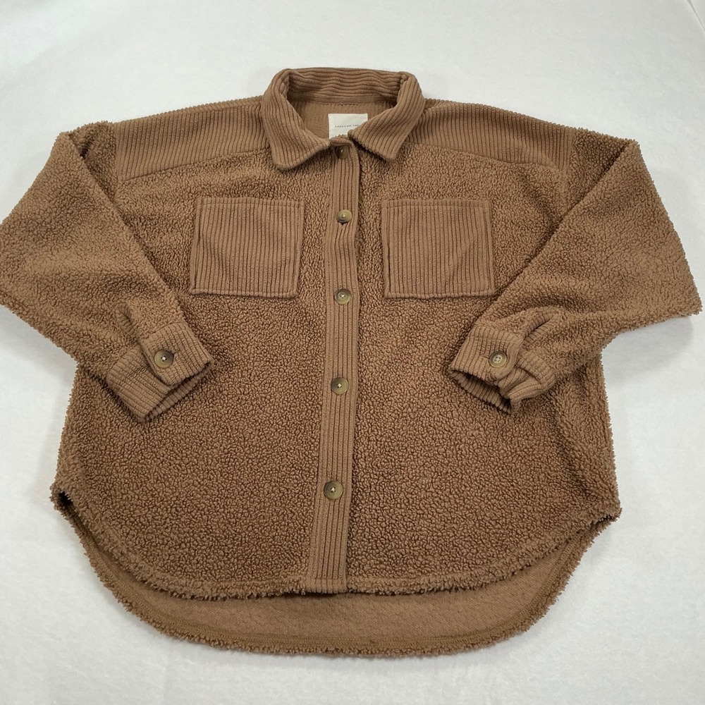 American Eagle Brown Teddy Fleece Corduroy Shacket Oversized Button Front Small